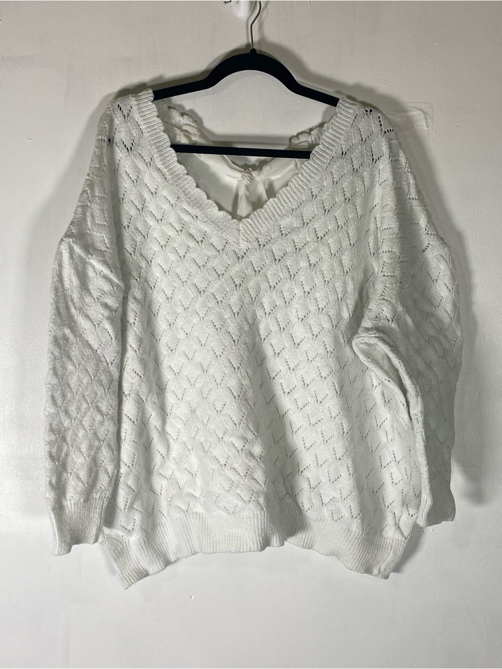 White Open Knit‎ Sweater Ribbon Tie Back Slouchy Cottagecore Coquette Angel 2XL